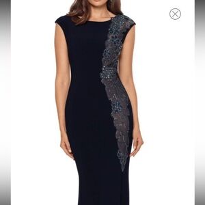 XSCAPE size 14 navy bodycon dress with beaded appliqués.  Worn once &dry cleaned